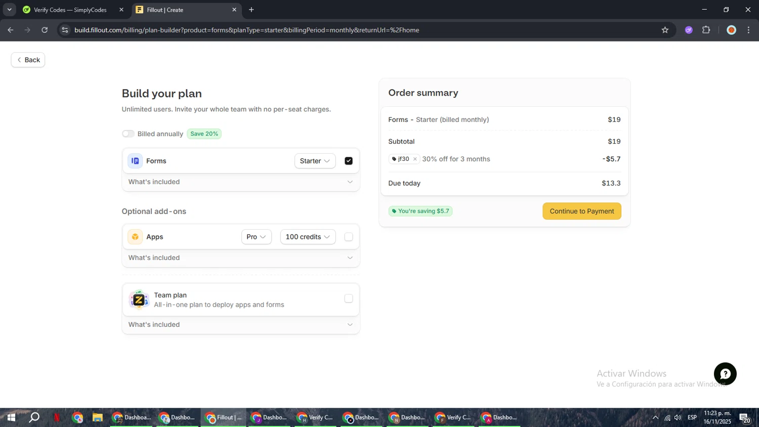 Fillout promo code screenshot showing code jf30 applied at Fillout checkout page. Uploaded by SimplyCodes community member BonusCaptain9927 on Nov 17, 2025