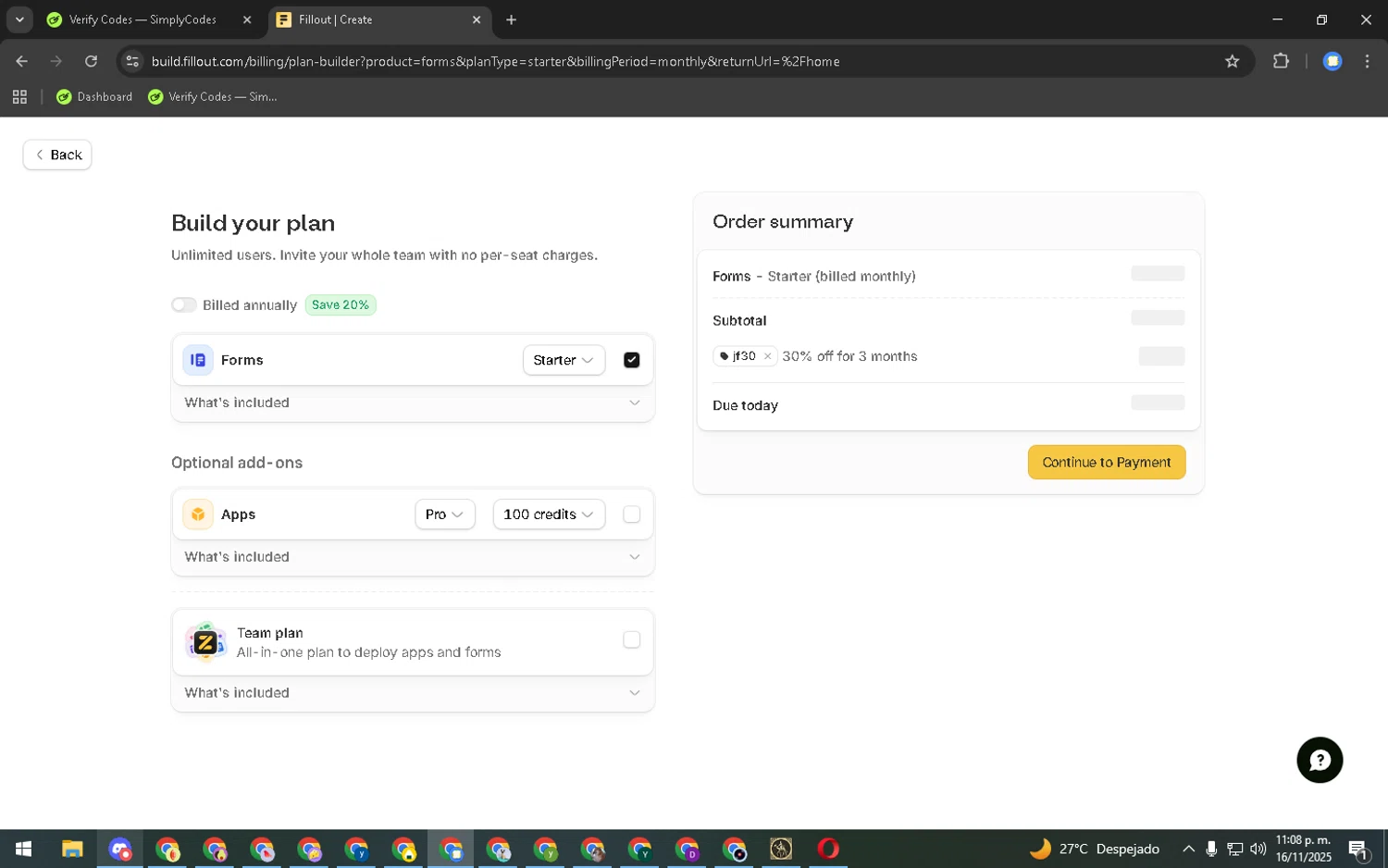 Fillout promo code screenshot showing code jf30 applied at Fillout checkout page. Uploaded by SimplyCodes community member CouponFalcon2696 on Nov 17, 2025
