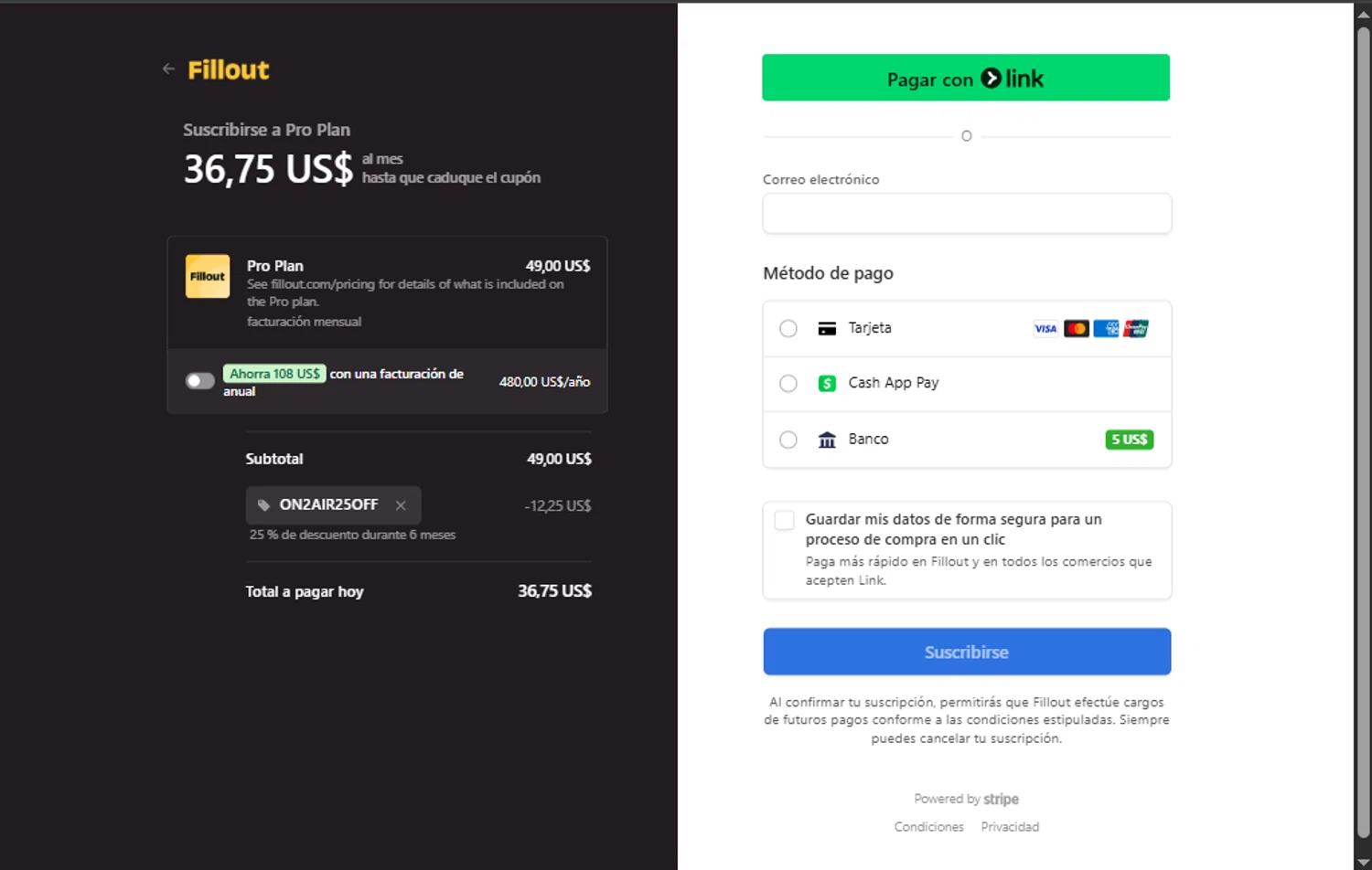 Fillout promo code screenshot showing code On2Air25Off applied at Fillout checkout page. Uploaded by SimplyCodes community member PennyMaverick730 on May 10, 2025
