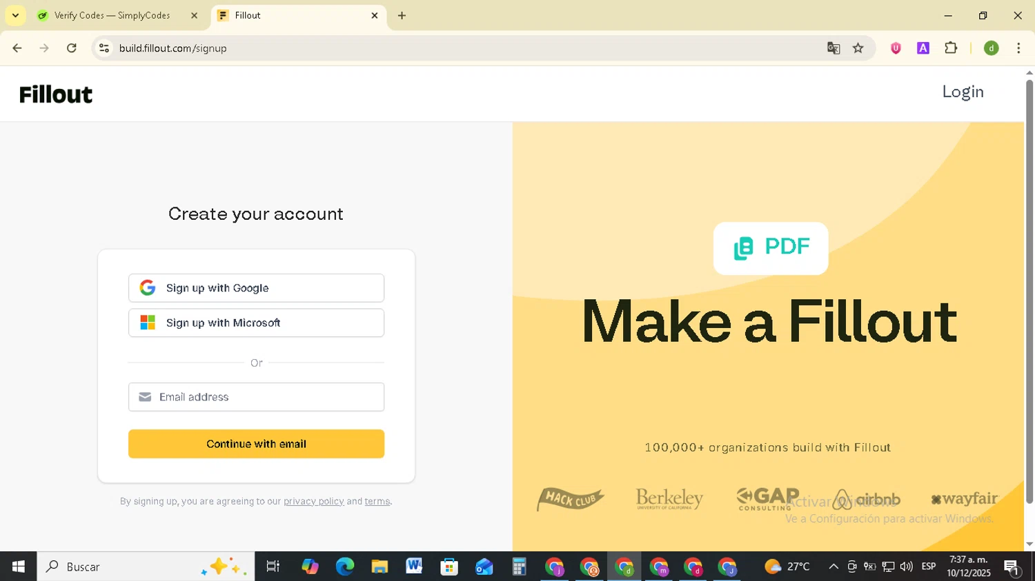 Fillout promo code screenshot showing code On2Air25Off applied at Fillout checkout page. Uploaded by SimplyCodes community member SavingsSentinel833 on Dec 10, 2025