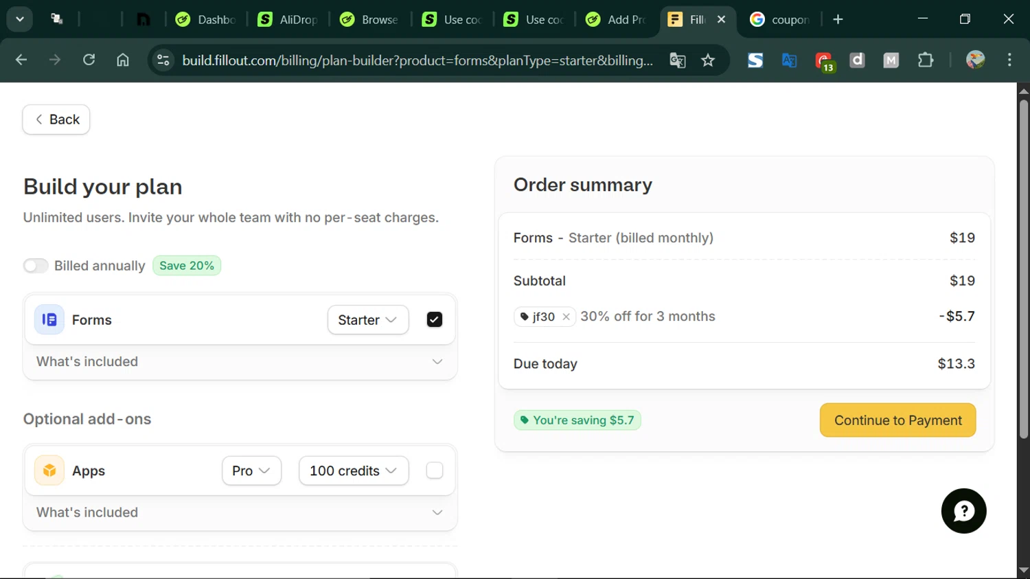 Fillout promo code screenshot showing code jf30 applied at Fillout checkout page. Uploaded by SimplyCodes community member ESTHER3121 on Nov 17, 2025