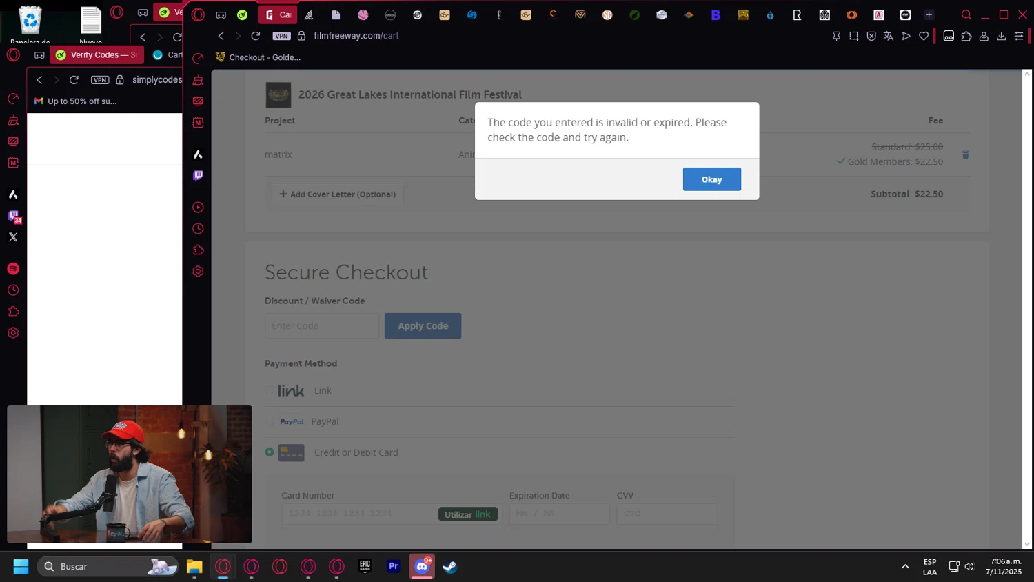 FilmFreeway discount code screenshot showing code GLFFDSC2025 applied at FilmFreeway checkout page. Uploaded by SimplyCodes community member Billyyou on Nov 7, 2025