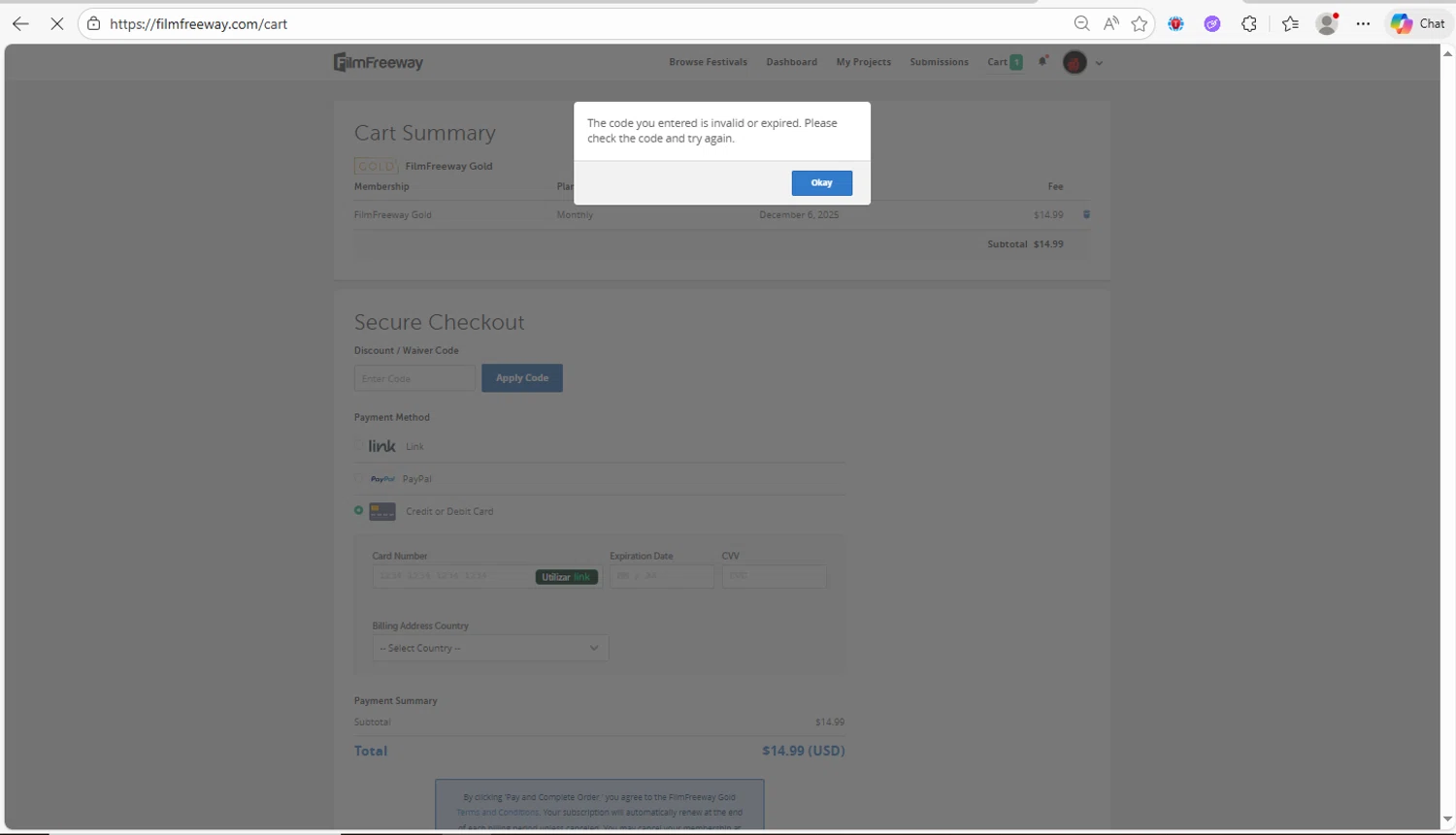 FilmFreeway discount code screenshot showing code GLFFDSC2025 applied at FilmFreeway checkout page. Uploaded by SimplyCodes community member Franco20 on Dec 6, 2025
