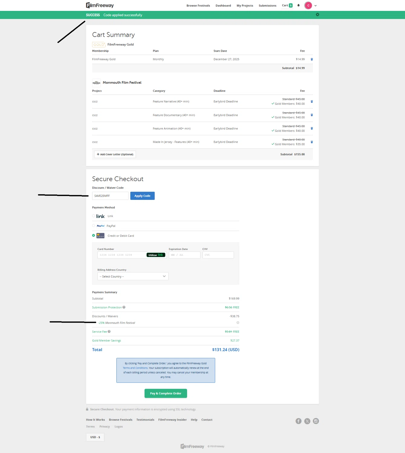 FilmFreeway discount code screenshot showing code SAVE25MFF applied at FilmFreeway checkout page. Uploaded by SimplyCodes community member Lismar on Dec 27, 2025