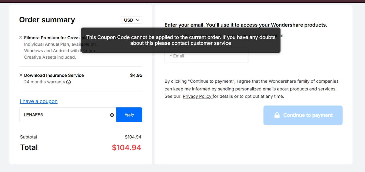 Filmora discount code screenshot showing code LENAFF5 applied at Filmora checkout page. Uploaded by SimplyCodes community member MimusukyNara on Jun 25, 2025