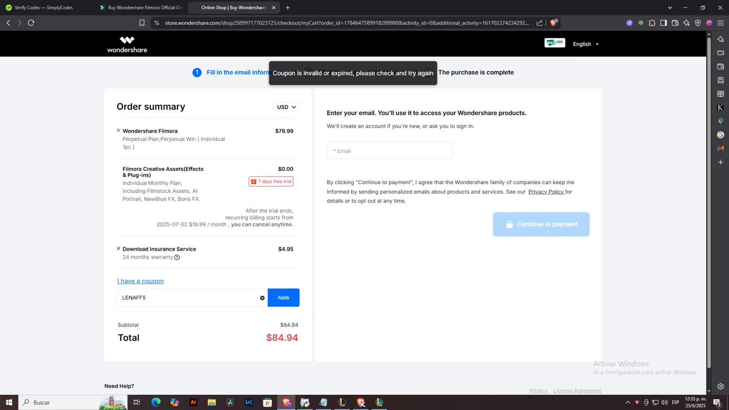 Filmora discount code screenshot showing code LENAFF5 applied at Filmora checkout page. Uploaded by SimplyCodes community member NobleLegend6162 on Jun 25, 2025