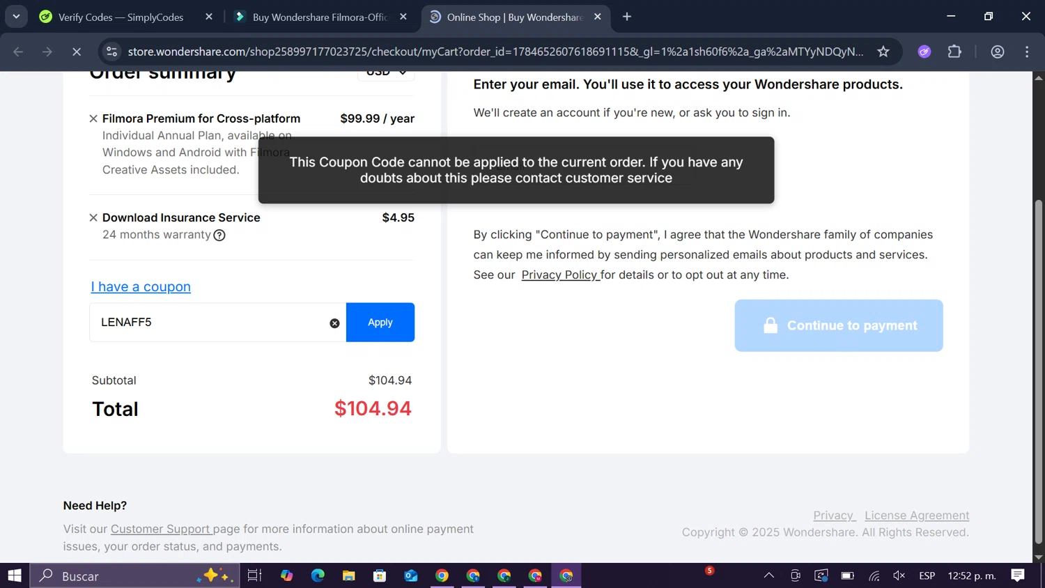 Filmora discount code screenshot showing code LENAFF5 applied at Filmora checkout page. Uploaded by SimplyCodes community member SmartLegend506 on Jun 25, 2025