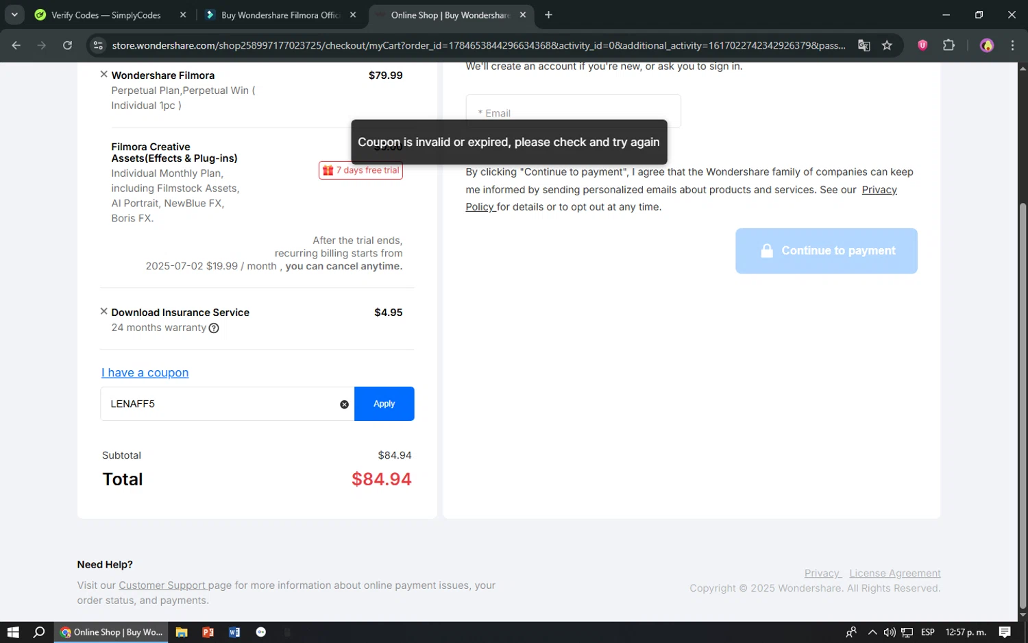 Filmora discount code screenshot showing code LENAFF5 applied at Filmora checkout page. Uploaded by SimplyCodes community member TreasureShopper9156 on Jun 25, 2025