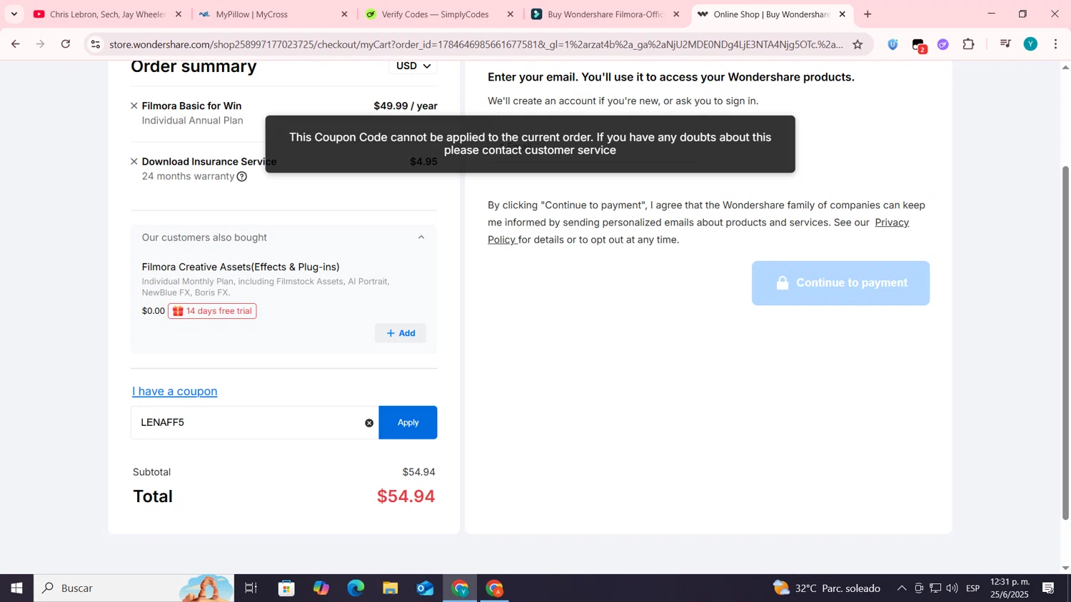 Filmora discount code screenshot showing code LENAFF5 applied at Filmora checkout page. Uploaded by SimplyCodes community member codygakpo on Jun 25, 2025