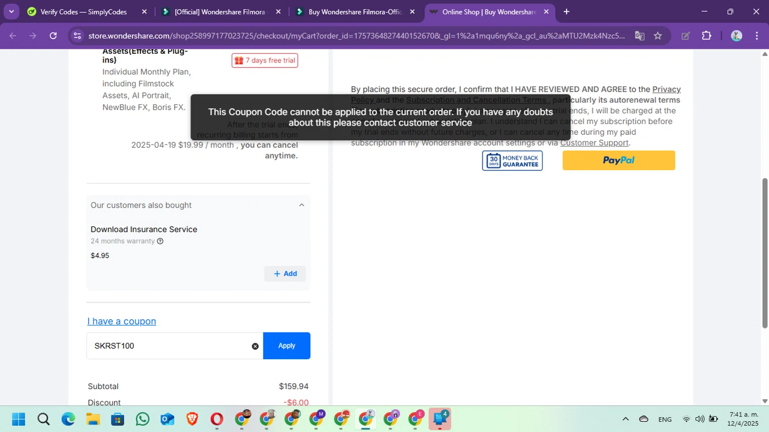 Filmora discount code screenshot showing code SKRST100 applied at Filmora checkout page. Uploaded by SimplyCodes community member Marielis on Apr 12, 2025