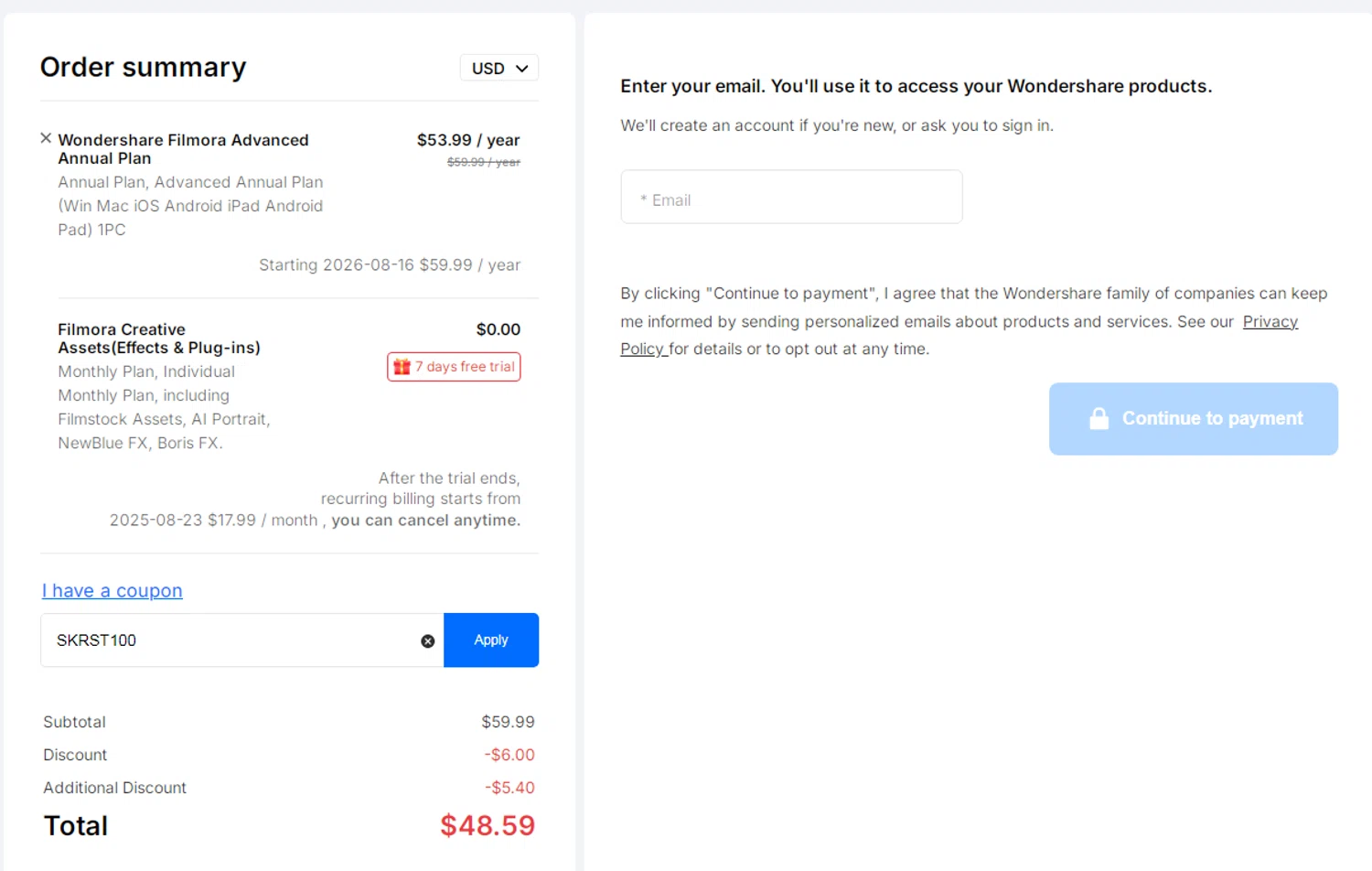 Filmora discount code screenshot showing code SKRST100 applied at Filmora checkout page. Uploaded by SimplyCodes community member Lyn1991 on Aug 16, 2025