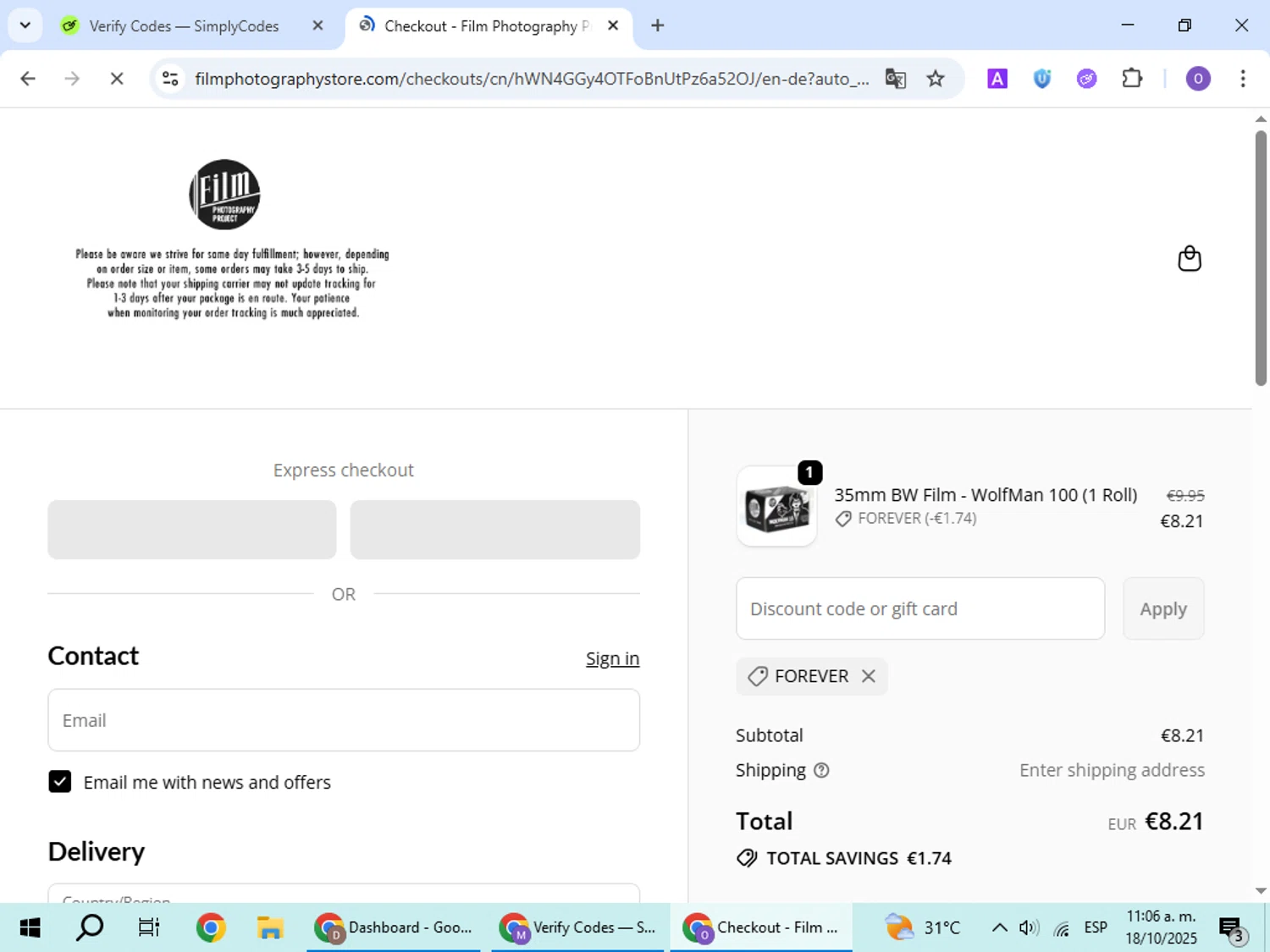 Film Photography Project discount code screenshot showing code FOREVER applied at Film Photography Project checkout page. Uploaded by SimplyCodes community member BudgetHawk9503 on Oct 18, 2025