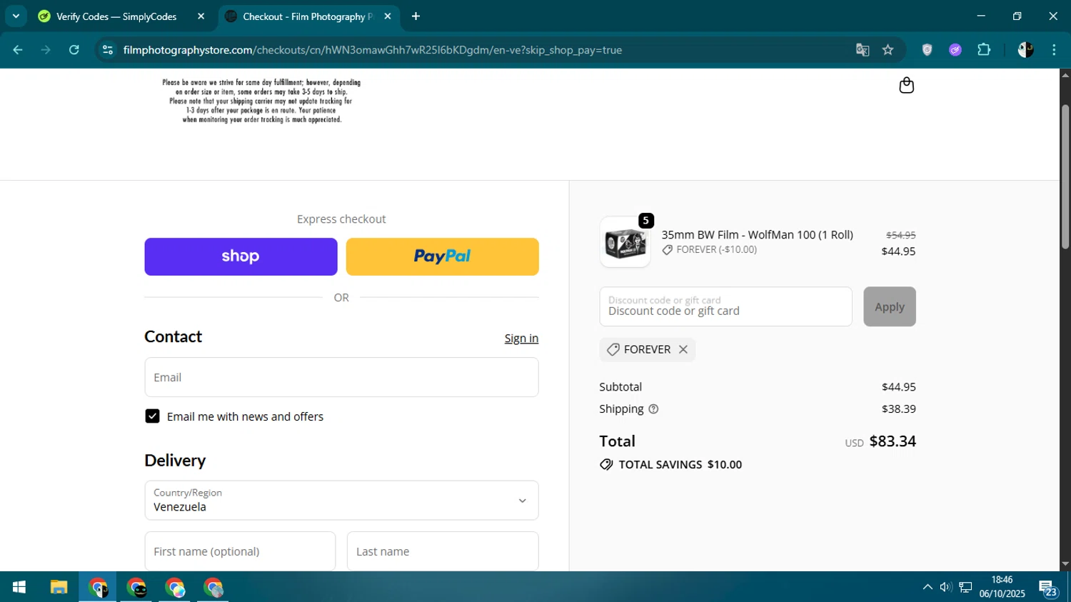 Film Photography Project discount code screenshot showing code FOREVER applied at Film Photography Project checkout page. Uploaded by SimplyCodes community member CleverSage9163 on Oct 6, 2025