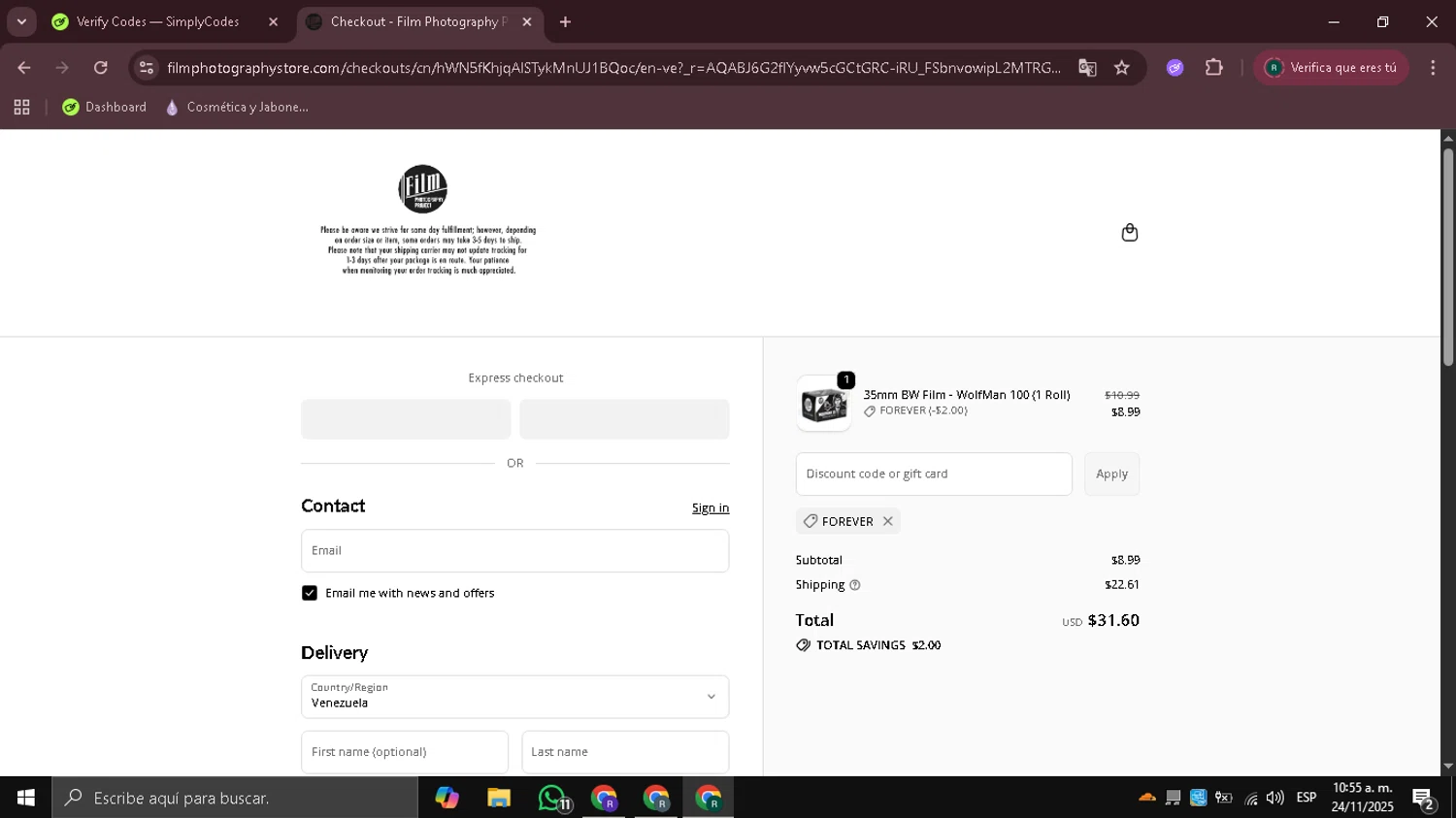 Film Photography Project discount code screenshot showing code FOREVER applied at Film Photography Project checkout page. Uploaded by SimplyCodes community member Coneflavols on Nov 24, 2025
