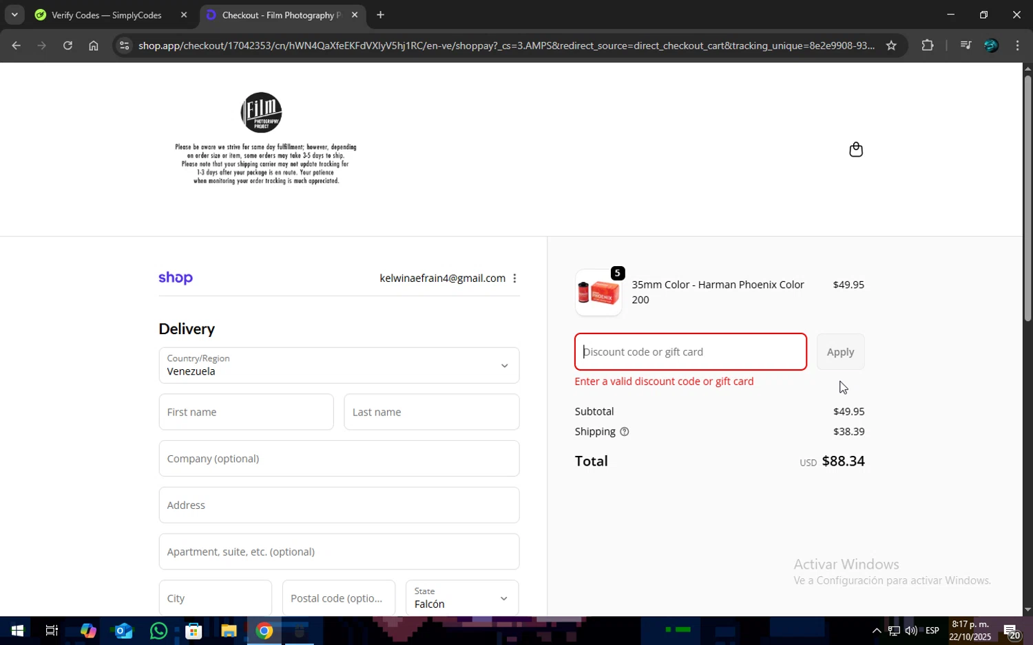 Film Photography Project discount code screenshot showing code phoenix applied at Film Photography Project checkout page. Uploaded by SimplyCodes community member SOPACONPAN on Oct 23, 2025