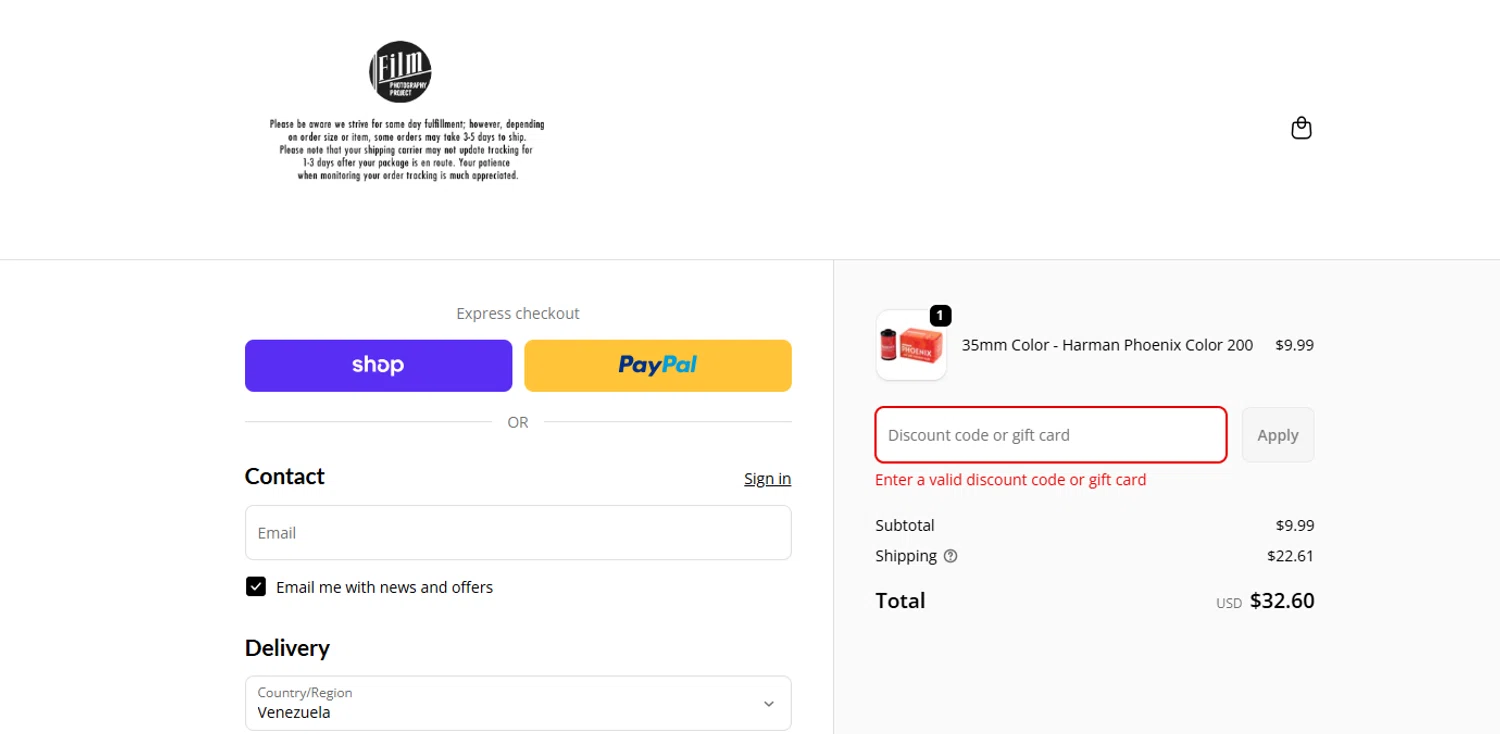 Film Photography Project discount code screenshot showing code phoenix applied at Film Photography Project checkout page. Uploaded by SimplyCodes community member chanyromero on Oct 22, 2025