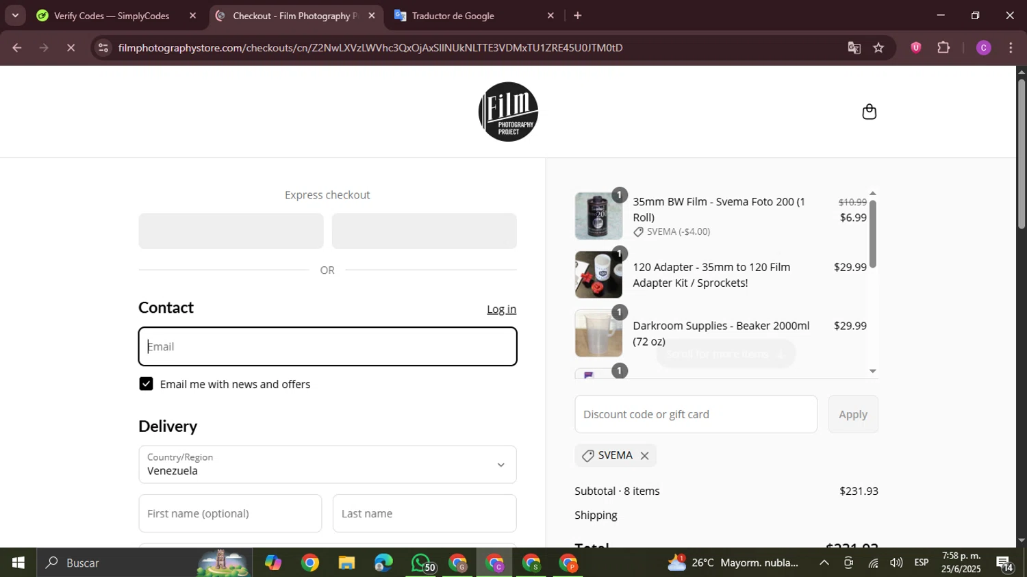 Film Photography Project discount code screenshot showing code svema applied at Film Photography Project checkout page. Uploaded by SimplyCodes community member FrugalPro5078 on Jun 25, 2025