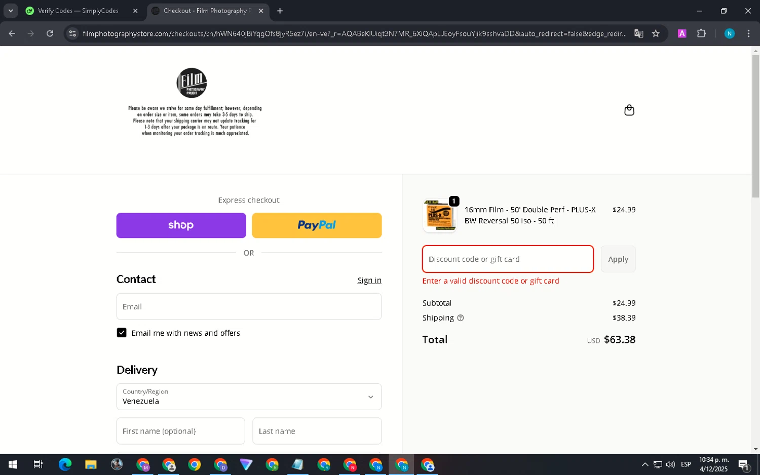 Film Photography Project discount code screenshot showing code Kodak applied at Film Photography Project checkout page. Uploaded by SimplyCodes community member DiscountGenius5394 on Dec 5, 2025