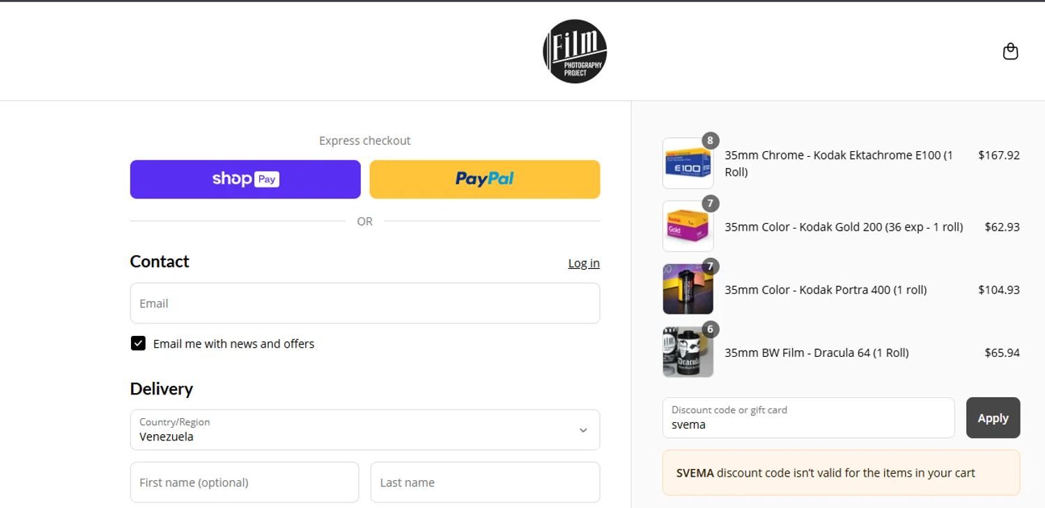 Film Photography Project discount code screenshot showing code svema applied at Film Photography Project checkout page. Uploaded by SimplyCodes community member ashe1986 on Jun 20, 2025