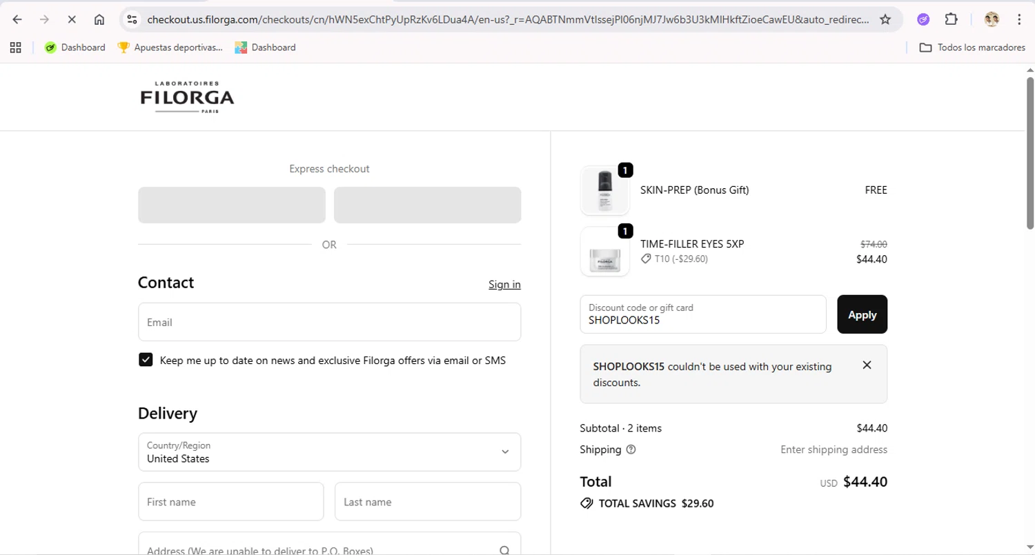 FILORGA Skincare promo code screenshot showing code SHOPLOOKS15 applied at FILORGA Skincare checkout page. Uploaded by SimplyCodes community member LegendaryTitan9160 on Nov 24, 2025