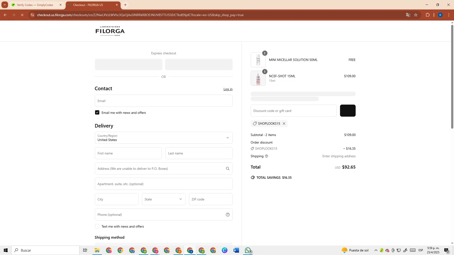FILORGA Skincare promo code screenshot showing code SHOPLOOKS15 applied at FILORGA Skincare checkout page. Uploaded by SimplyCodes community member DiscountRanger3690 on Apr 25, 2025
