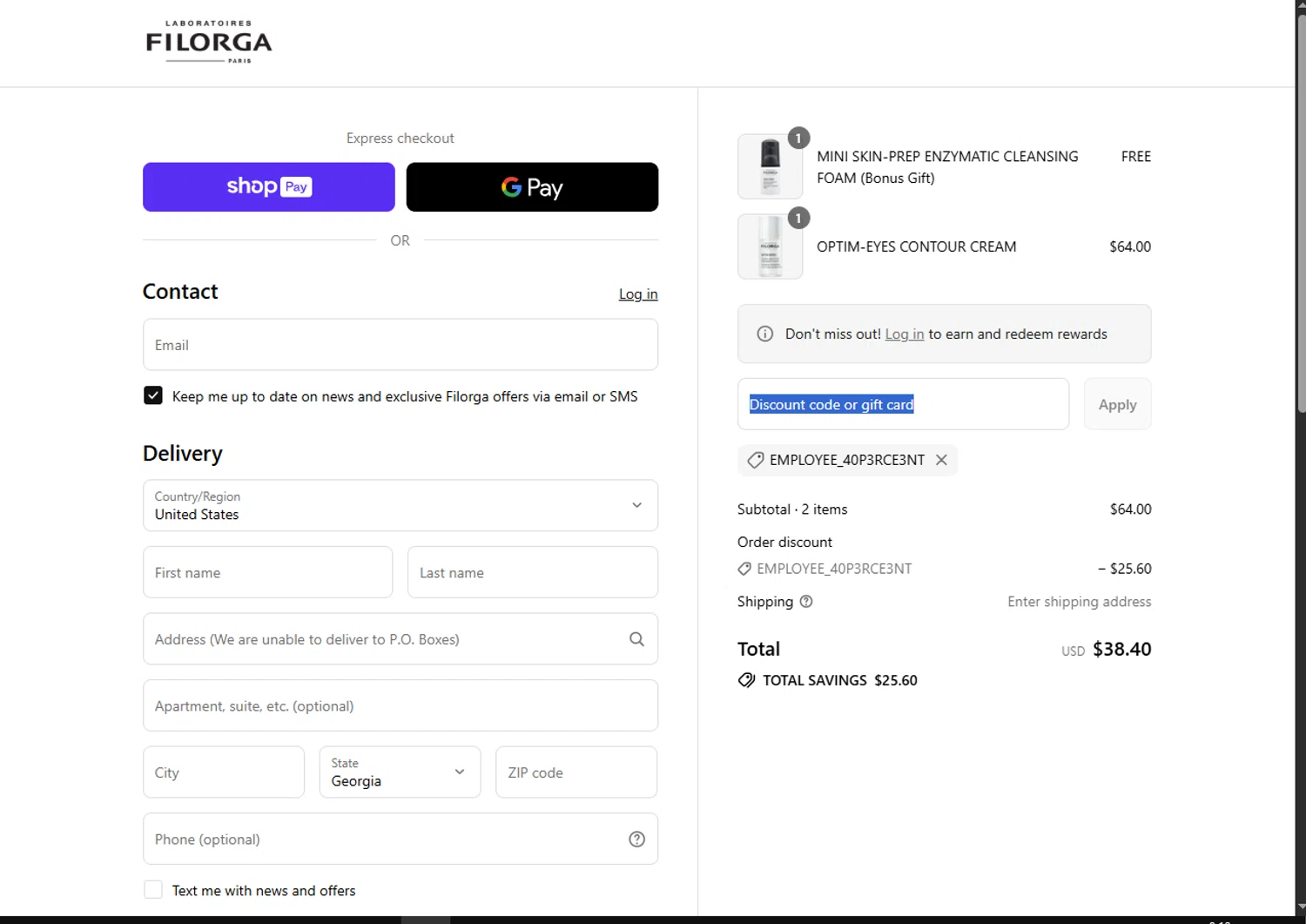FILORGA Skincare promo code screenshot showing code EMPLOYEE_40P3RCE3NT applied at FILORGA Skincare checkout page. Uploaded by SimplyCodes community member VoucherFinder3467 on Aug 26, 2025