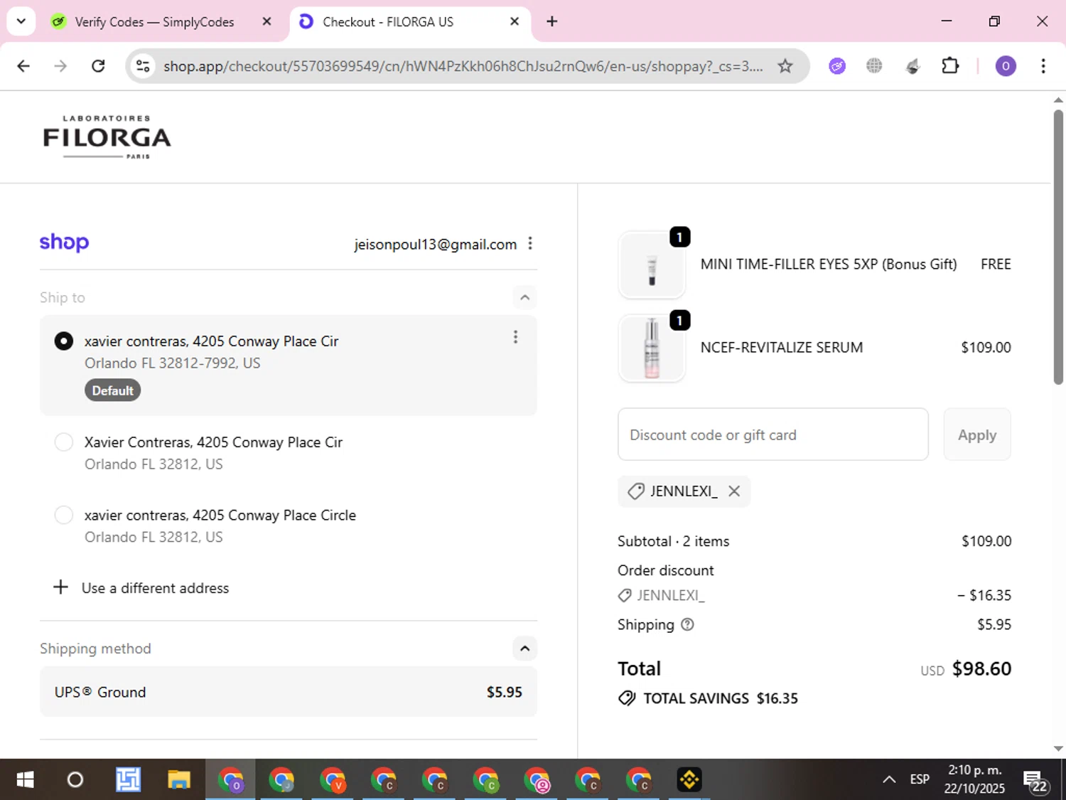 FILORGA Skincare promo code screenshot showing code JENNLEXI_ applied at FILORGA Skincare checkout page. Uploaded by SimplyCodes community member CleverLynx8245 on Oct 22, 2025