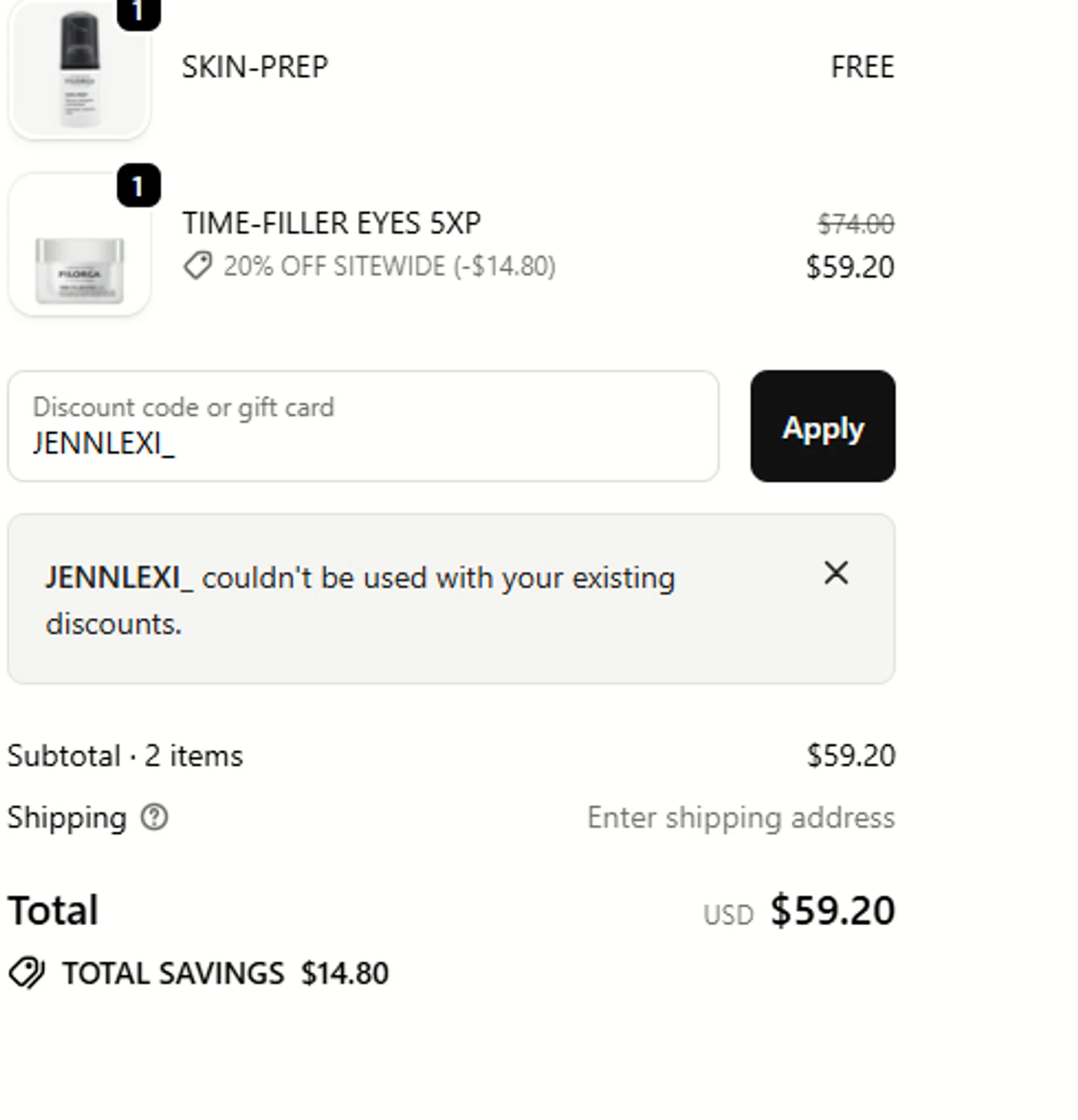 FILORGA Skincare promo code screenshot showing code JENNLEXI_ applied at FILORGA Skincare checkout page. Uploaded by SimplyCodes community member a2d2c2d211 on Oct 18, 2025