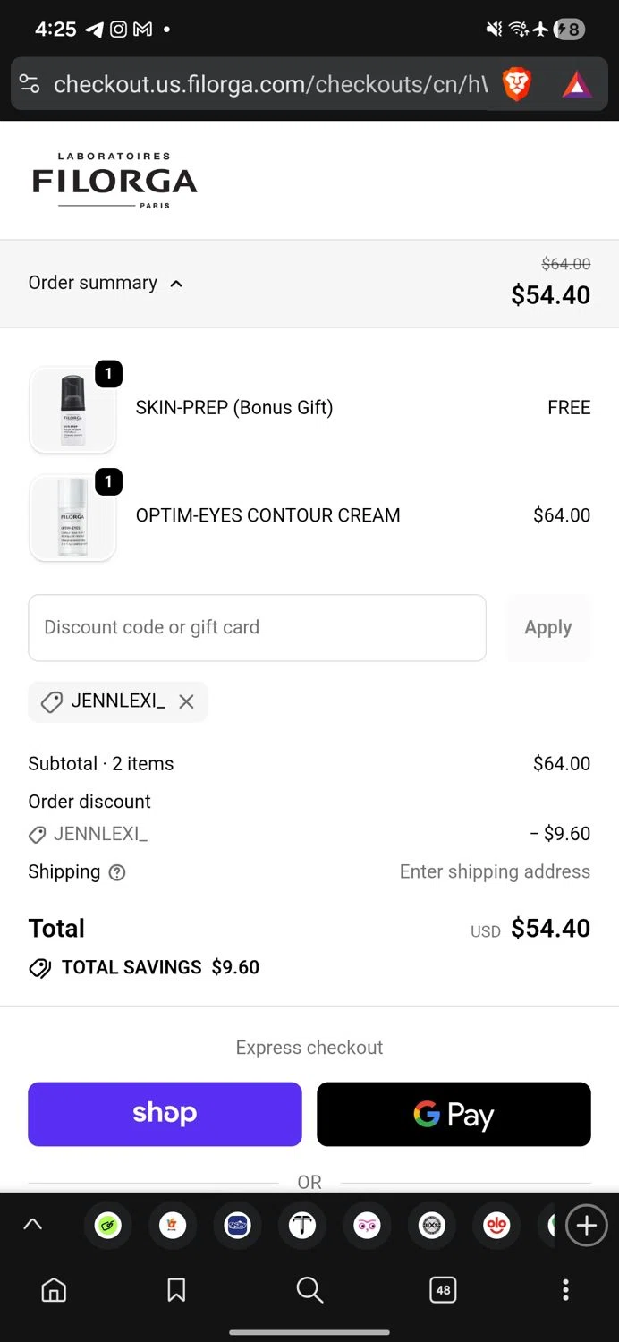 FILORGA Skincare promo code screenshot showing code JENNLEXI_ applied at FILORGA Skincare checkout page. Uploaded by SimplyCodes community member conorgrey on Nov 1, 2025