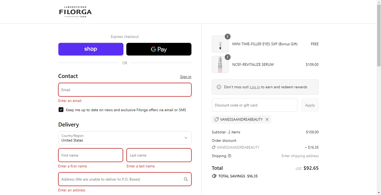 FILORGA Skincare promo code screenshot showing code VANESSAANDREABEAUTY applied at FILORGA Skincare checkout page. Uploaded by SimplyCodes community member PennyOwl696 on Sep 11, 2025