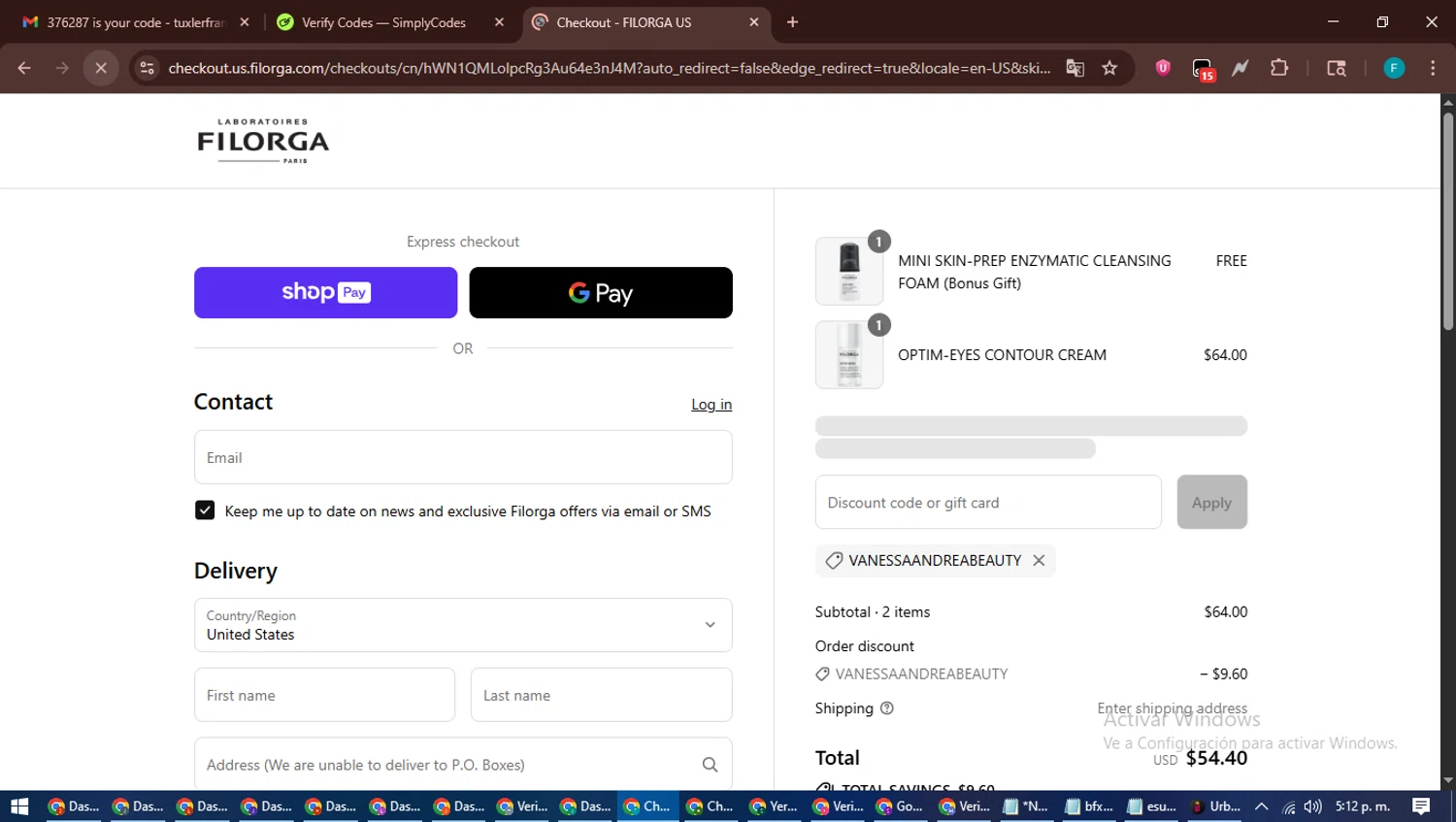 FILORGA Skincare promo code screenshot showing code VANESSAANDREABEAUTY applied at FILORGA Skincare checkout page. Uploaded by SimplyCodes community member ShrewdTitan3233 on Aug 4, 2025