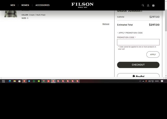 Filson checkout page showing Filson promo code box | Screenshot taken by SimplyCodes community member on Jan 9, 2025