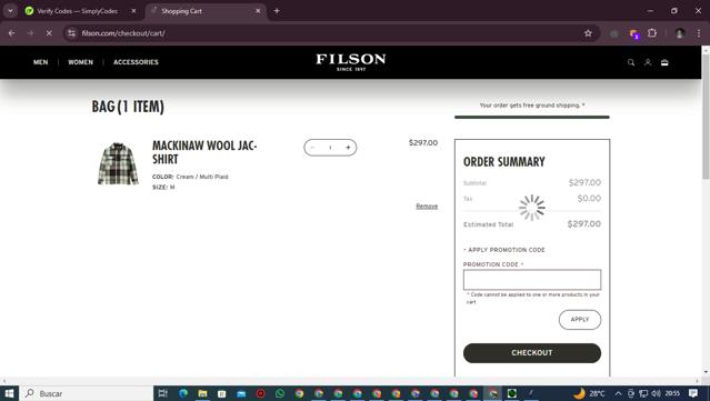 Filson checkout page showing Filson promo code box | Screenshot taken by SimplyCodes community member on Jan 9, 2025