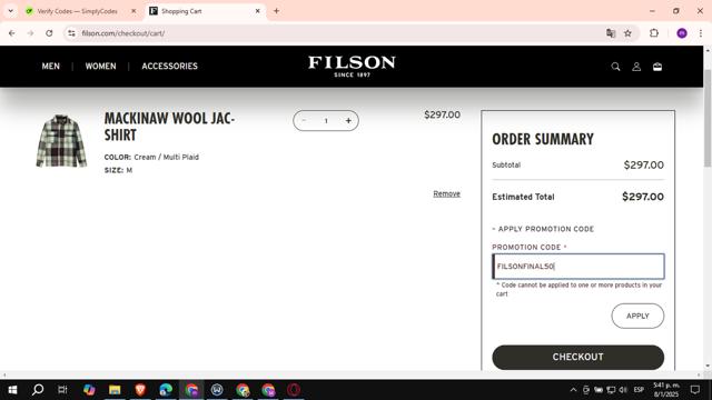 Filson checkout page showing Filson promo code box | Screenshot taken by SimplyCodes community member on Jan 8, 2025