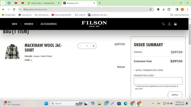 Filson checkout page showing Filson promo code box | Screenshot taken by SimplyCodes community member on Jan 9, 2025