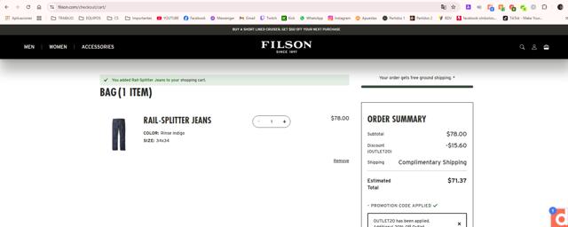 Filson checkout page showing Filson promo code box | Screenshot taken by SimplyCodes community member on Dec 10, 2024