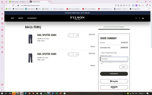 Filson checkout page showing Filson promo code box | Screenshot taken by SimplyCodes community member on Jan 5, 2025