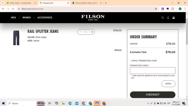 Filson checkout page showing Filson promo code box | Screenshot taken by SimplyCodes community member on Dec 31, 2024