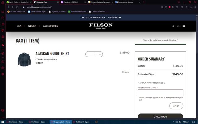 Filson checkout page showing Filson promo code box | Screenshot taken by SimplyCodes community member on Jan 5, 2025