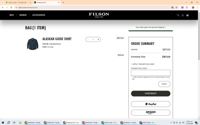 Filson checkout page showing Filson promo code box | Screenshot taken by SimplyCodes community member on Dec 27, 2024