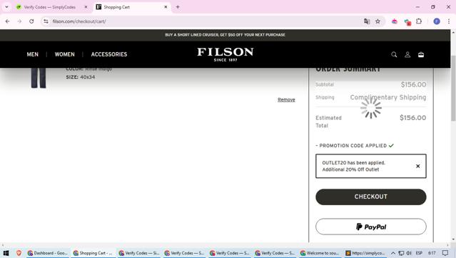 Filson checkout page showing Filson promo code box | Screenshot taken by SimplyCodes community member on Dec 10, 2024