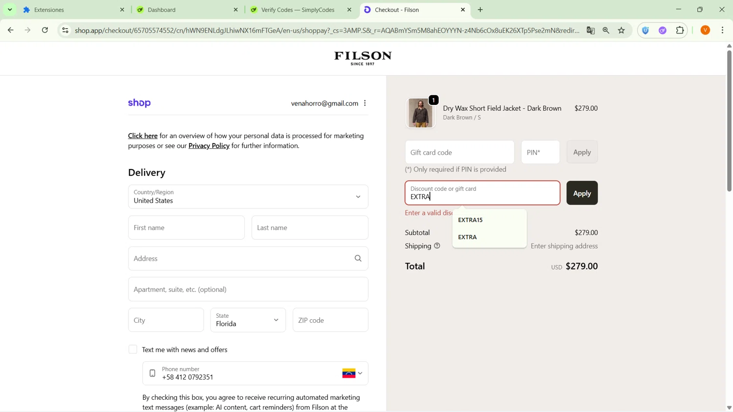 Filson promo code screenshot showing code EXTRA applied at Filson checkout page. Uploaded by SimplyCodes community member ExtraordinarySaver9637 on Feb 26, 2026