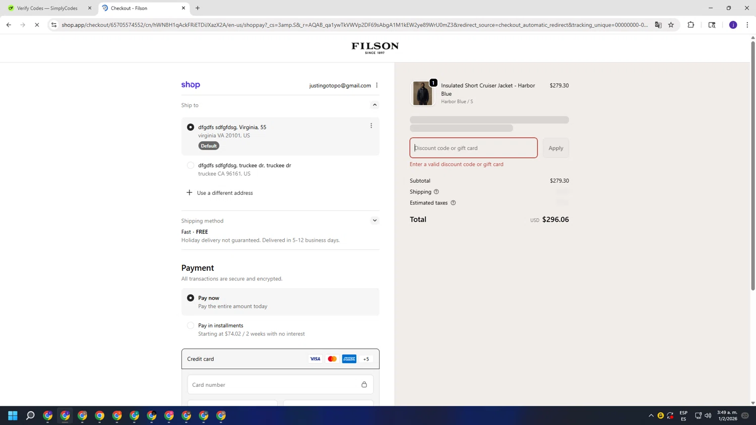 Filson promo code screenshot showing code OUTLET25 applied at Filson checkout page. Uploaded by SimplyCodes community member simplycodesssss on Feb 1, 2026