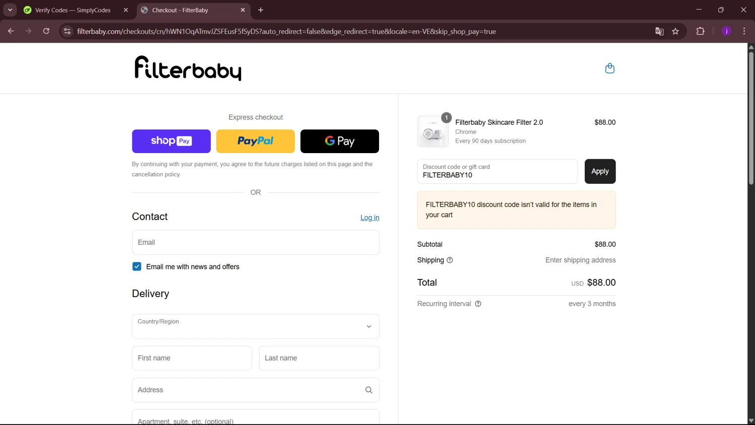 FilterBaby discount code screenshot showing code FILTERBABY10 applied at FilterBaby checkout page. Uploaded by SimplyCodes community member MagnificentSleuth912 on Aug 4, 2025