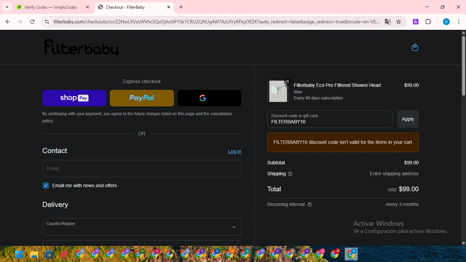FilterBaby discount code screenshot showing code FILTERBABY10 applied at FilterBaby checkout page. Uploaded by SimplyCodes community member saltediosteve on Apr 3, 2025
