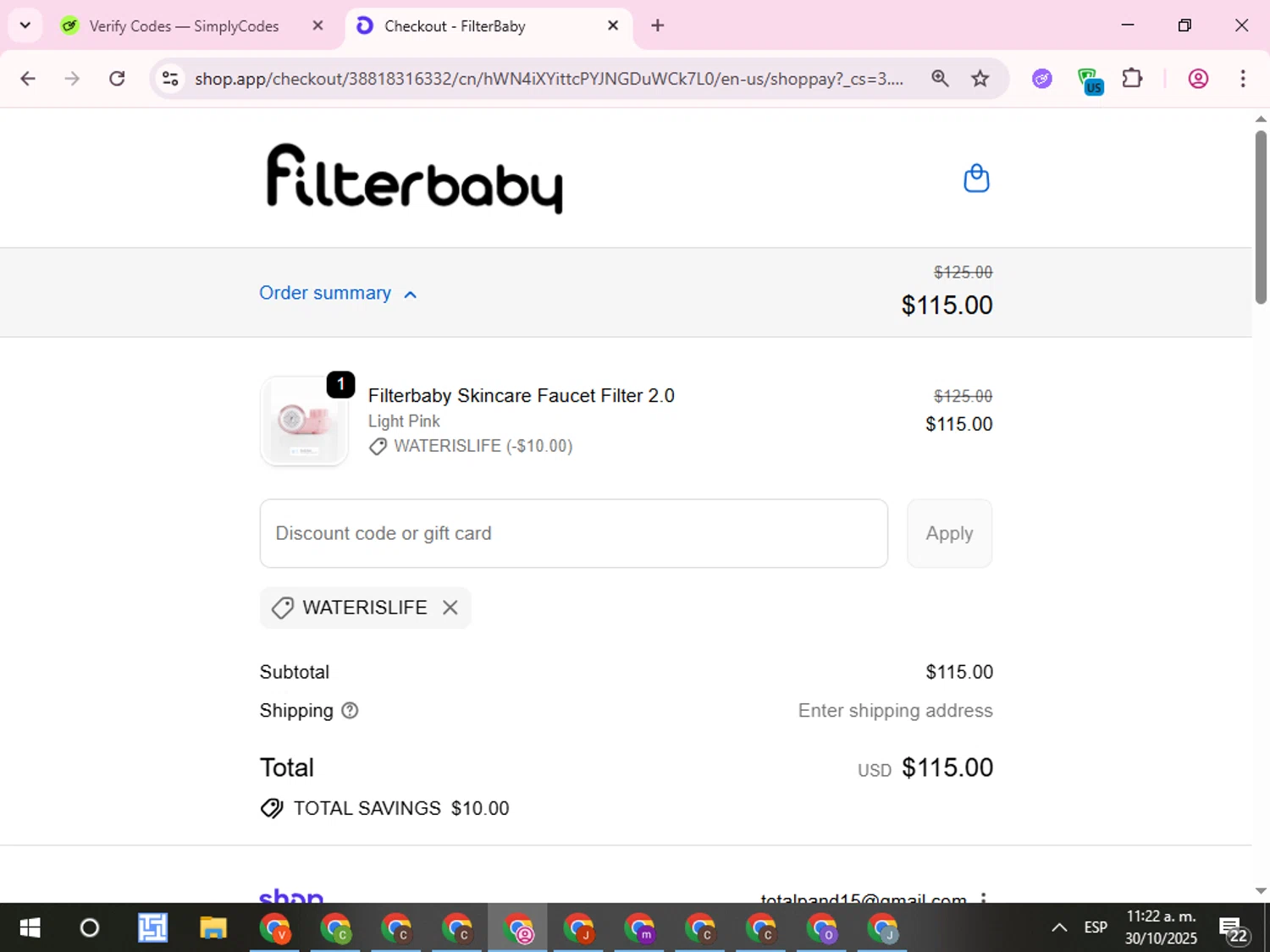 FilterBaby discount code screenshot showing code WATERISLIFE applied at FilterBaby checkout page. Uploaded by SimplyCodes community member QuestCurator1644 on Oct 30, 2025