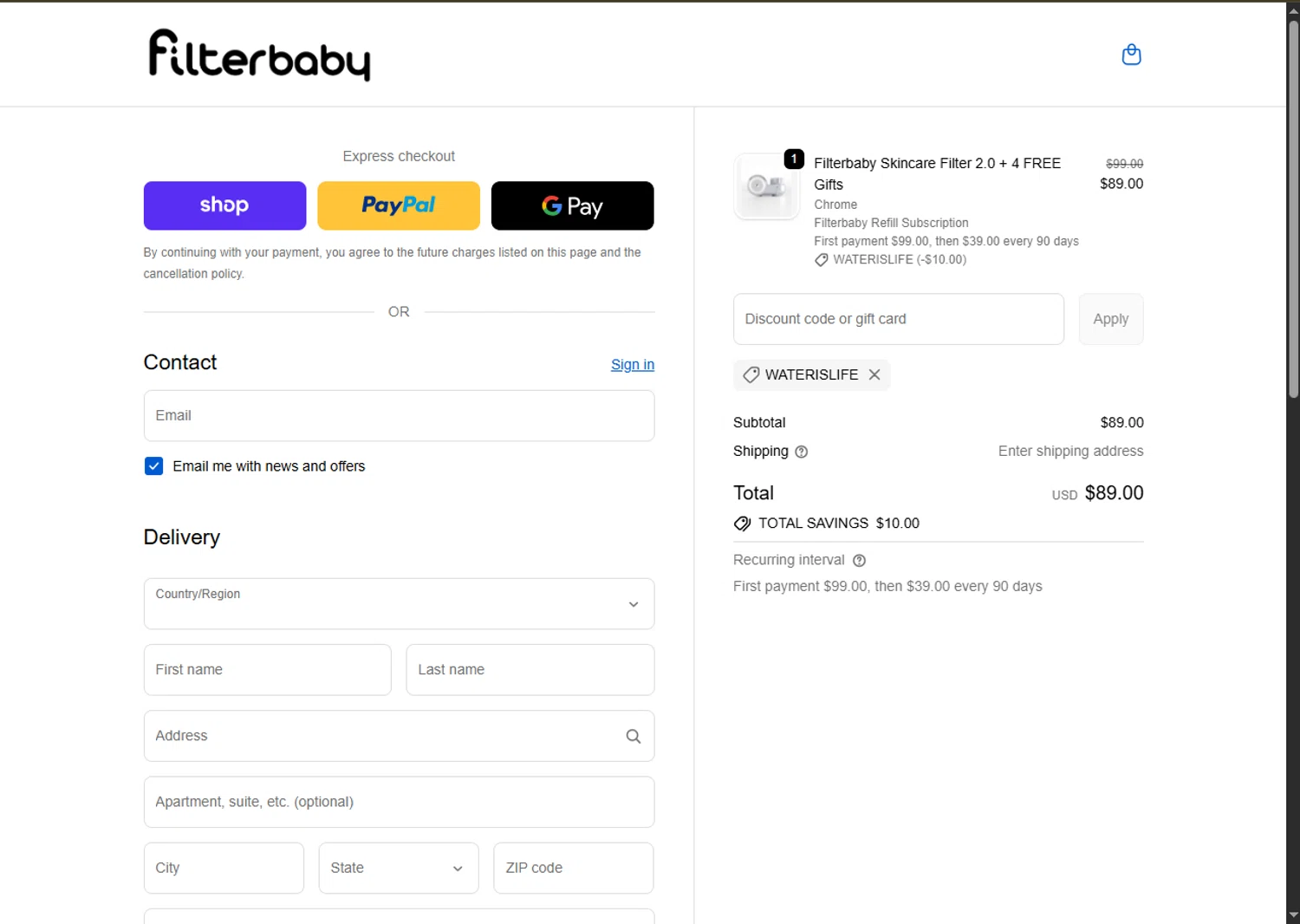 FilterBaby discount code screenshot showing code WATERISLIFE applied at FilterBaby checkout page. Uploaded by SimplyCodes community member SwiftTracker8156 on Dec 3, 2025
