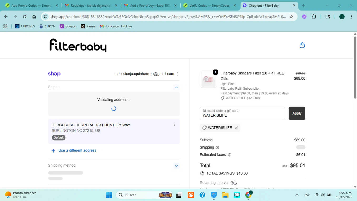 FilterBaby discount code screenshot showing code WATERISLIFE applied at FilterBaby checkout page. Uploaded by SimplyCodes community member jorgejavierherrera on Dec 15, 2025