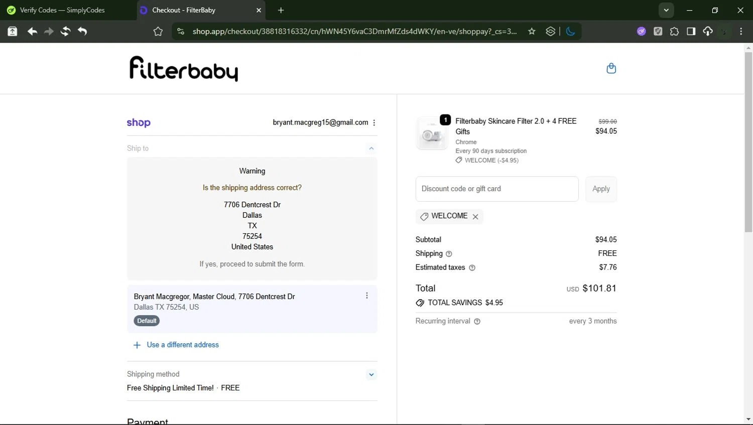 FilterBaby discount code screenshot showing code Welcome applied at FilterBaby checkout page. Uploaded by SimplyCodes community member RewardMonarch1185 on Oct 14, 2025