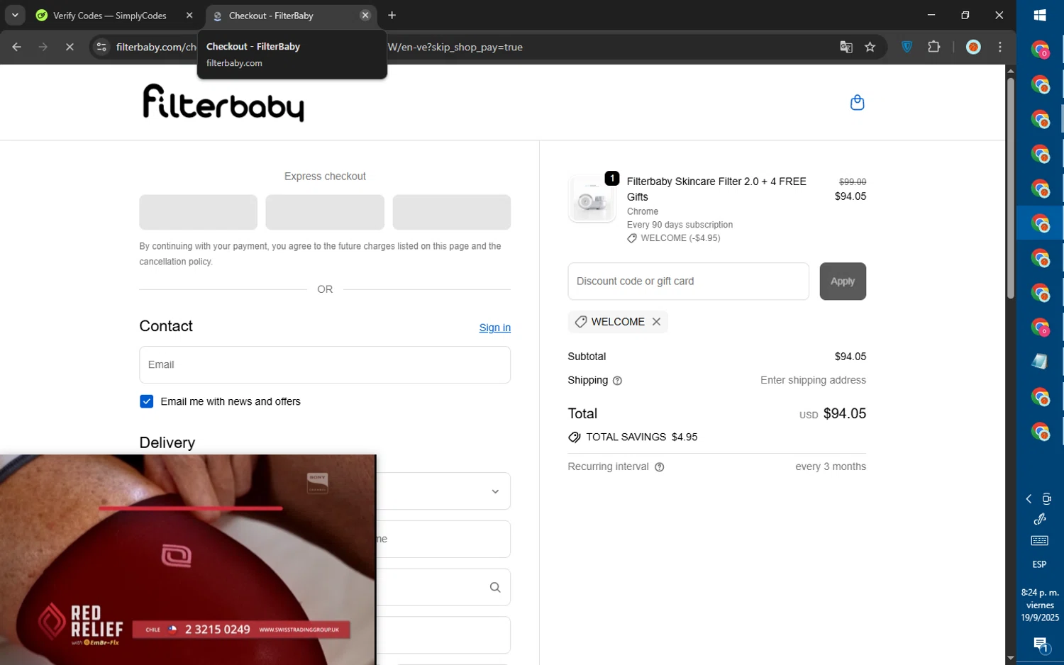 FilterBaby discount code screenshot showing code Welcome applied at FilterBaby checkout page. Uploaded by SimplyCodes community member SalePhoenix823 on Sep 20, 2025